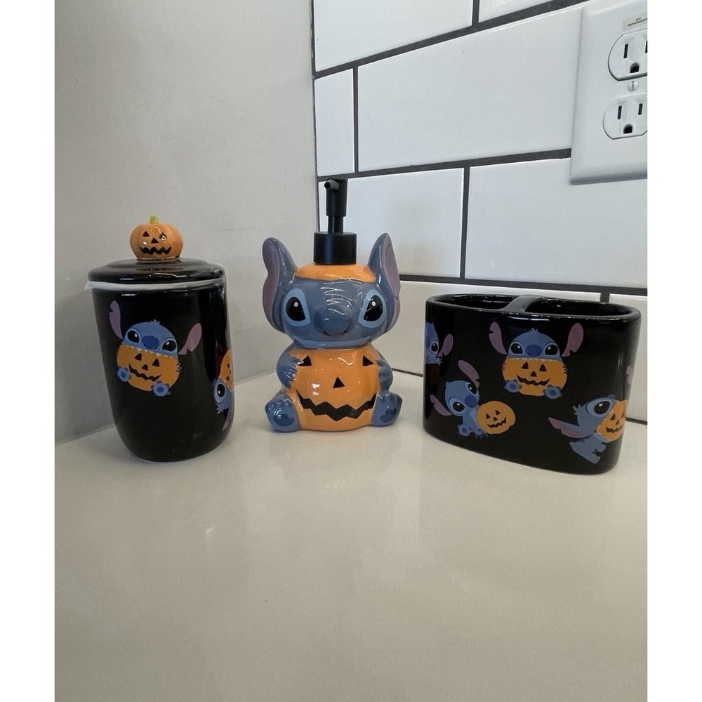 Disney Stitch Halloween Pumpkin Toothbrush Soap Dispenser Holder NEW Set Of 3